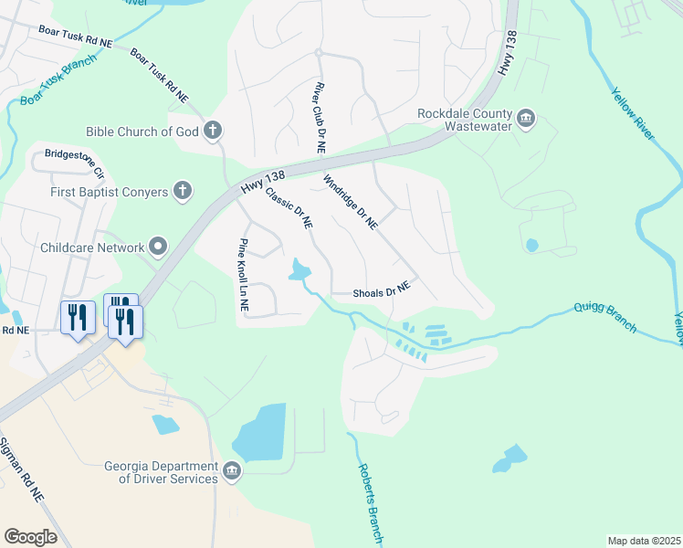 map of restaurants, bars, coffee shops, grocery stores, and more near 2330 Shoals Drive in Conyers
