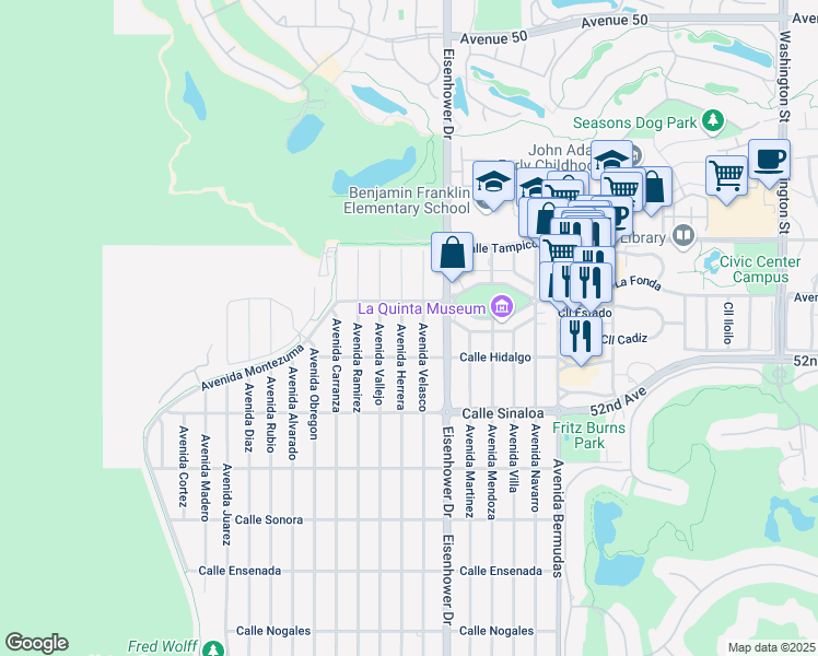 map of restaurants, bars, coffee shops, grocery stores, and more near 51405 Avenue Herrera in La Quinta