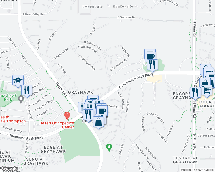 map of restaurants, bars, coffee shops, grocery stores, and more near 20802 North Grayhawk Drive in Scottsdale