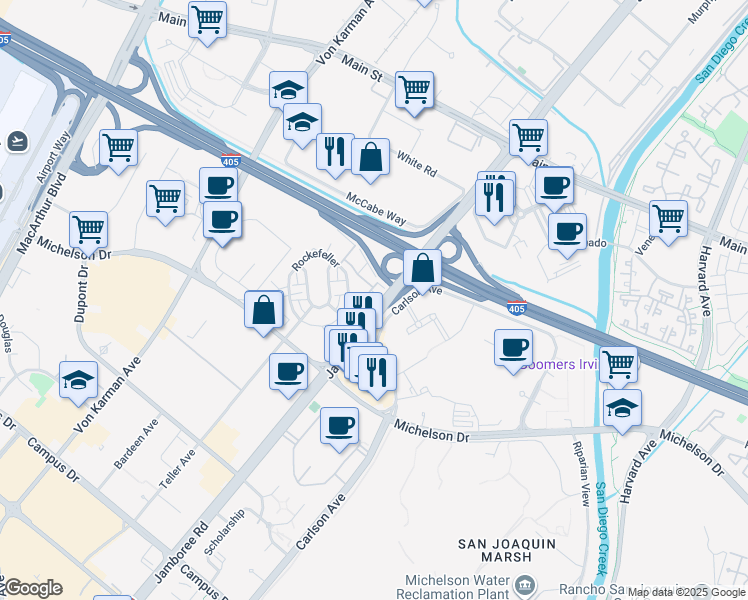 map of restaurants, bars, coffee shops, grocery stores, and more near 124 Tribeca in Irvine