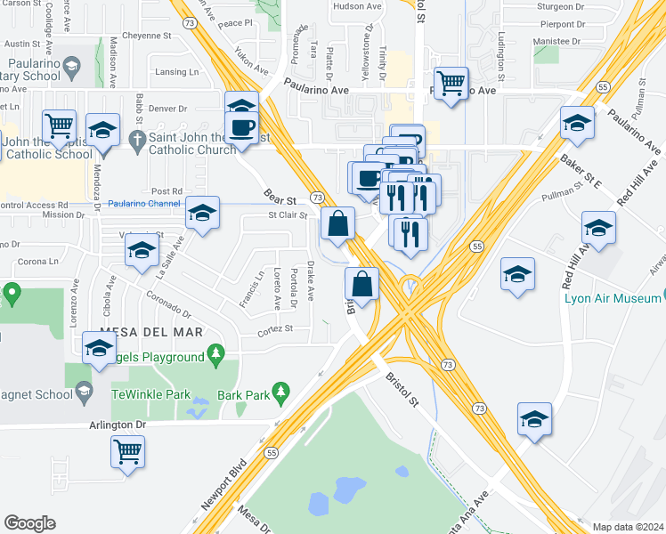map of restaurants, bars, coffee shops, grocery stores, and more near 2801 Bristol Street in Costa Mesa