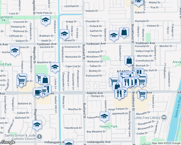map of restaurants, bars, coffee shops, grocery stores, and more near 9565 Pettswood Drive in Huntington Beach