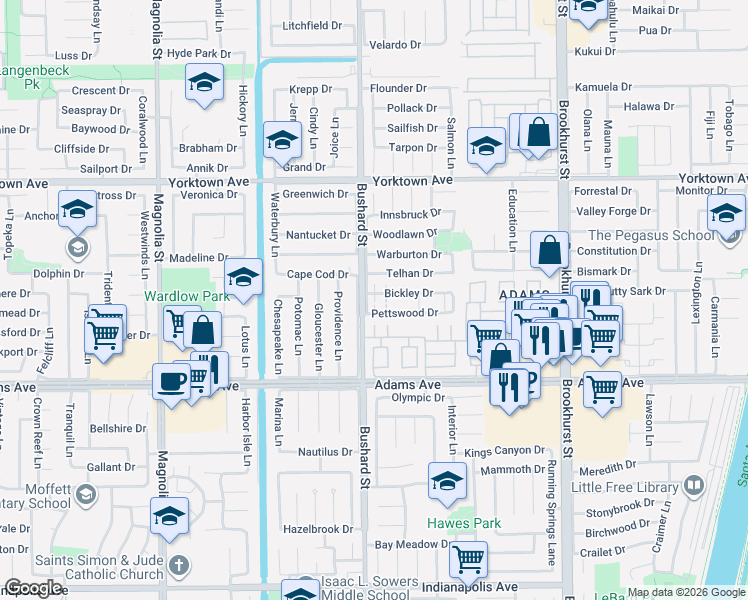 map of restaurants, bars, coffee shops, grocery stores, and more near 9565 Pettswood Drive in Huntington Beach