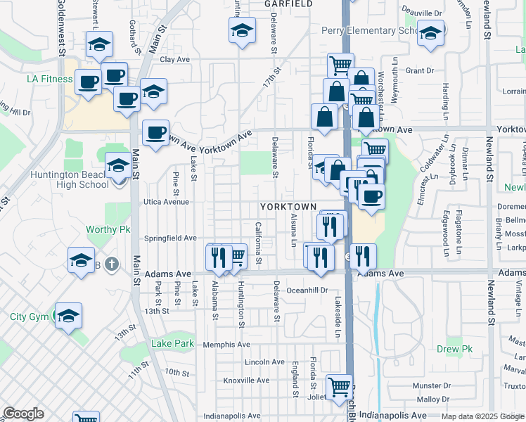 map of restaurants, bars, coffee shops, grocery stores, and more near 2001 California Street in Huntington Beach