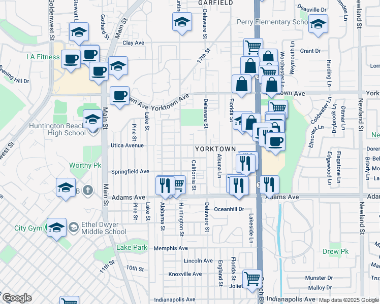 map of restaurants, bars, coffee shops, grocery stores, and more near 2001 California Street in Huntington Beach
