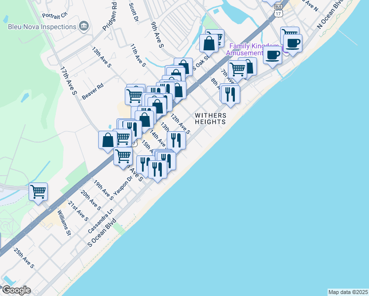 map of restaurants, bars, coffee shops, grocery stores, and more near 1301 South Ocean Boulevard in Myrtle Beach