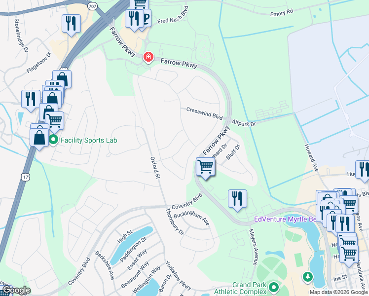 map of restaurants, bars, coffee shops, grocery stores, and more near 1749 Suncrest Drive in Myrtle Beach