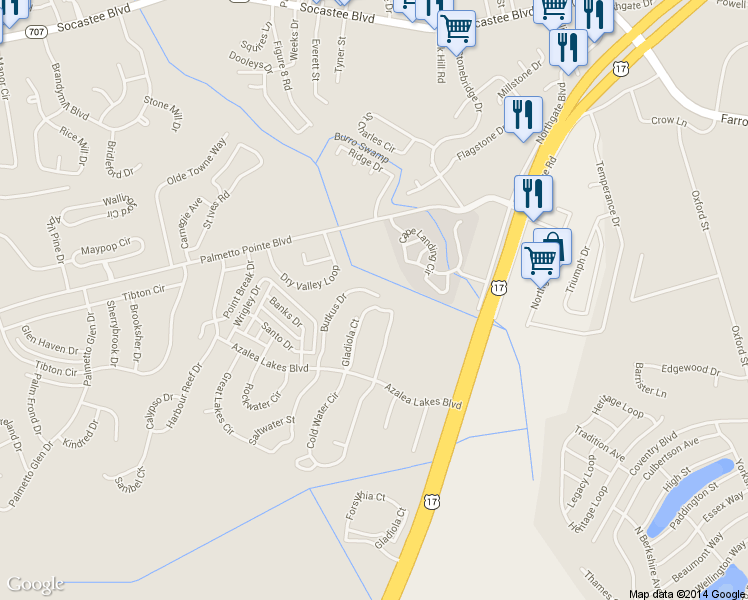 map of restaurants, bars, coffee shops, grocery stores, and more near 3983 Gladiola Court in Myrtle Beach