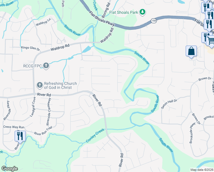 map of restaurants, bars, coffee shops, grocery stores, and more near 3461 Jessica Run in Decatur