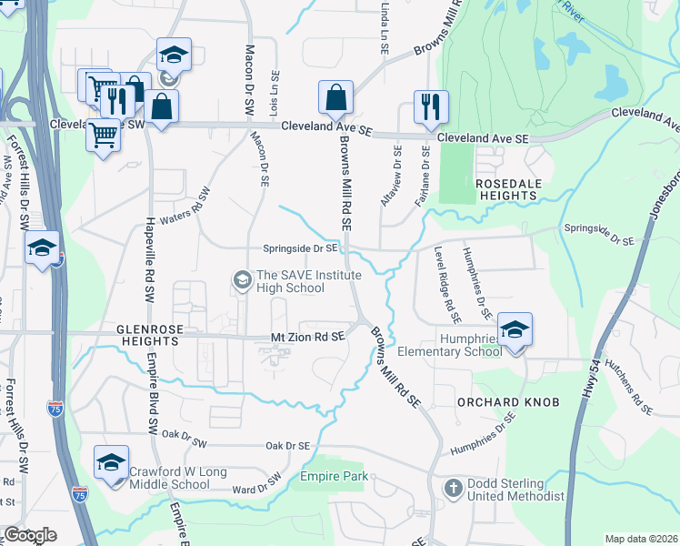 map of restaurants, bars, coffee shops, grocery stores, and more near 2914 Browns Mill Road Southeast in Atlanta
