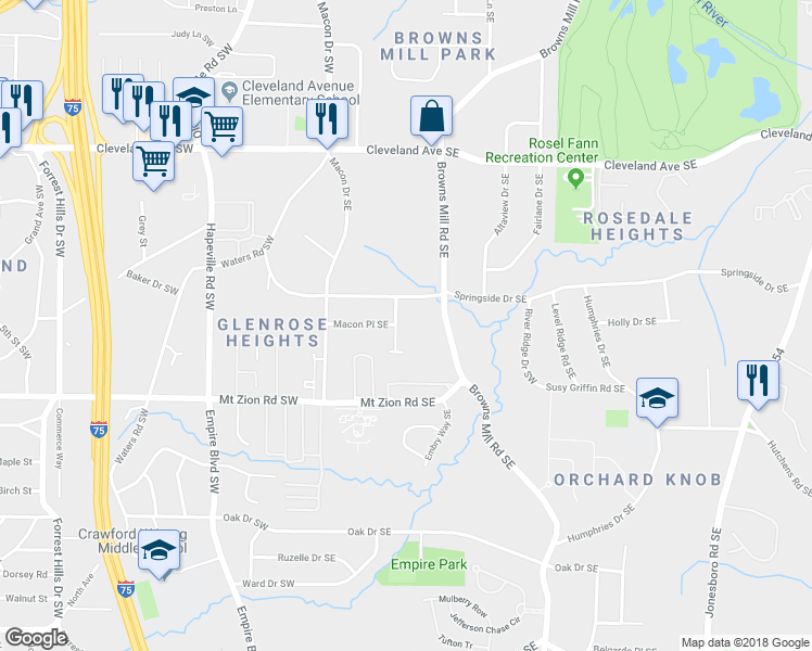 map of restaurants, bars, coffee shops, grocery stores, and more near 2924 Springside Place Southeast in Atlanta