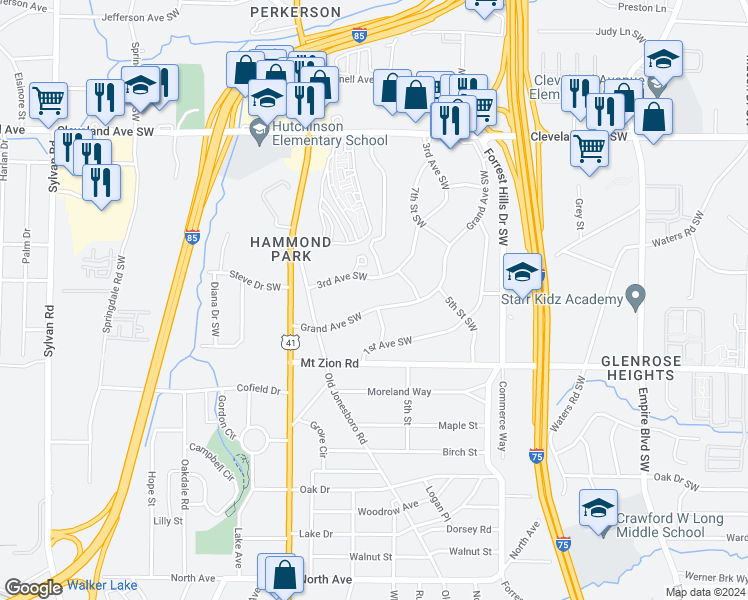map of restaurants, bars, coffee shops, grocery stores, and more near 2981 Grand Avenue Southwest in Atlanta