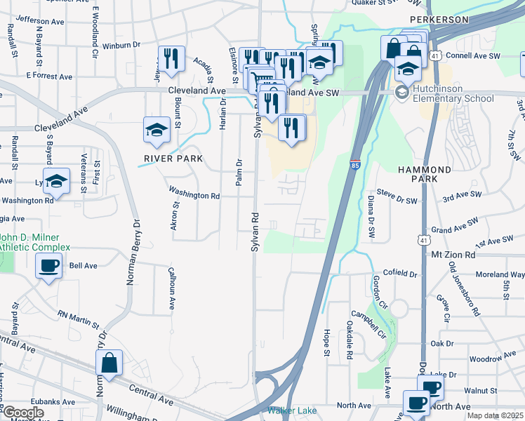 map of restaurants, bars, coffee shops, grocery stores, and more near 2924 Sylvan Road in East Point