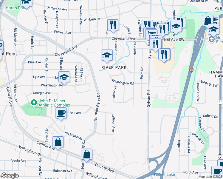map of restaurants, bars, coffee shops, grocery stores, and more near 2935 Akron Street in Atlanta