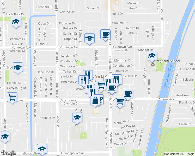 map of restaurants, bars, coffee shops, grocery stores, and more near 19788 Cambridge Lane in Huntington Beach