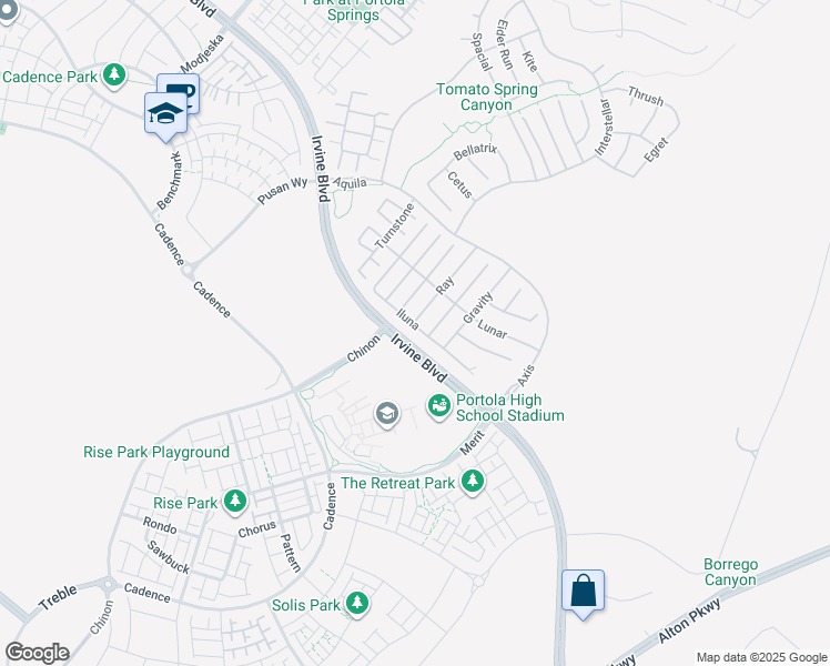 map of restaurants, bars, coffee shops, grocery stores, and more near 74 Iluna in Irvine