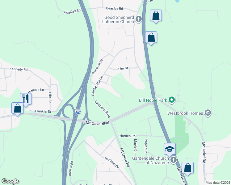 map of restaurants, bars, coffee shops, grocery stores, and more near 2232 Spring Street in Gardendale