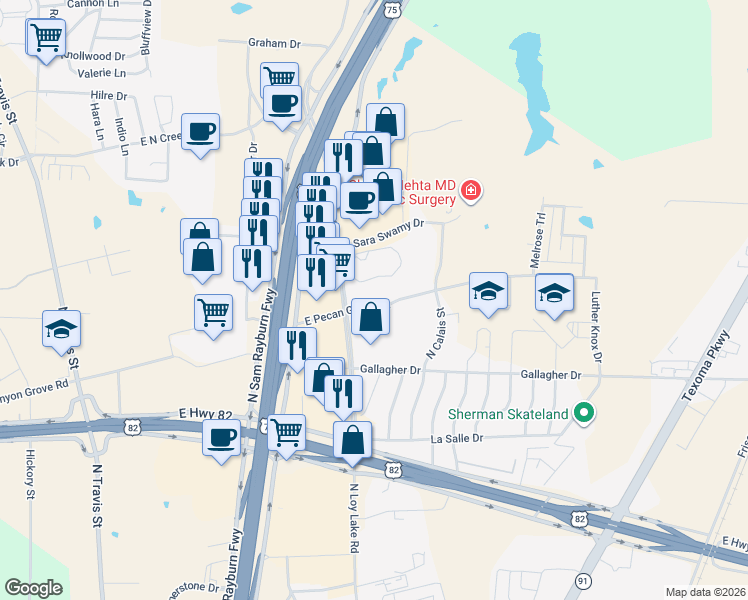 map of restaurants, bars, coffee shops, grocery stores, and more near 3415 North Loy Lake Road in Sherman