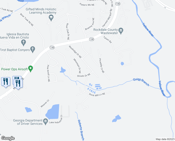 map of restaurants, bars, coffee shops, grocery stores, and more near 2302 Ridgecrest Court Northeast in Conyers