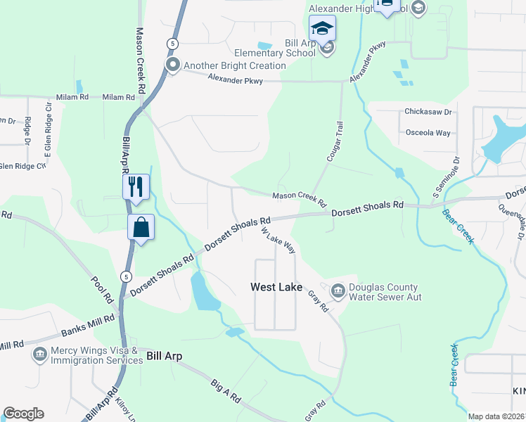 map of restaurants, bars, coffee shops, grocery stores, and more near 6758 Dorsett Shoals Road in Douglasville