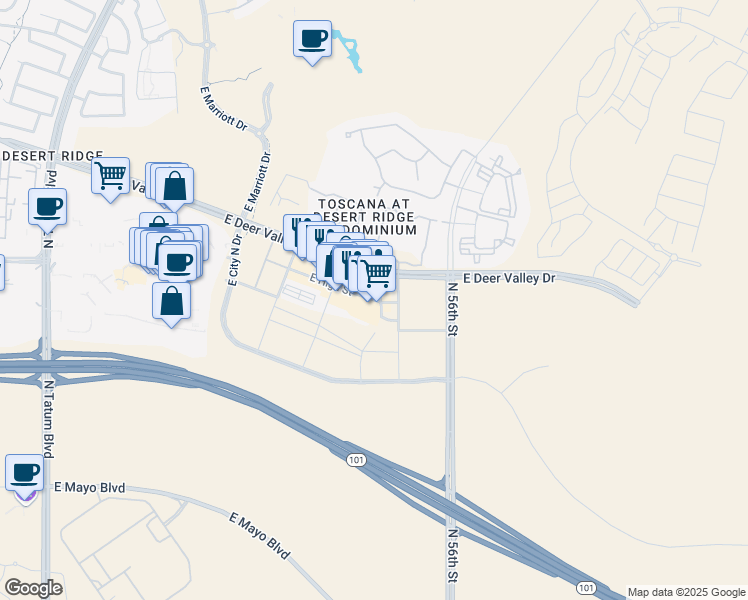 map of restaurants, bars, coffee shops, grocery stores, and more near 5415 East High Street in Phoenix