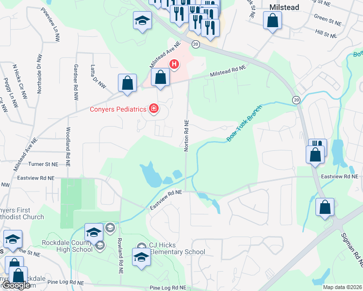 map of restaurants, bars, coffee shops, grocery stores, and more near 1170 Norton Road Northeast in Conyers