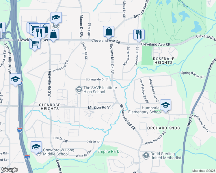 map of restaurants, bars, coffee shops, grocery stores, and more near 2924 Springside Place Southeast in Atlanta