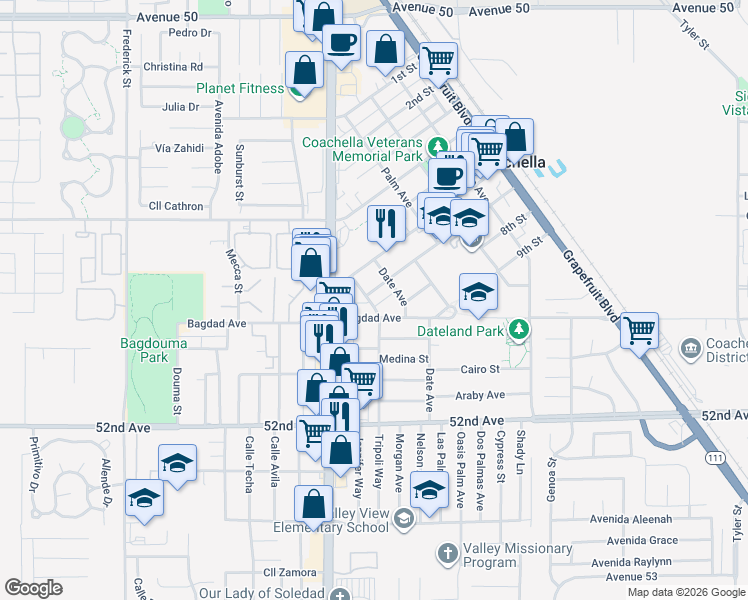 map of restaurants, bars, coffee shops, grocery stores, and more near 1076 Tripoli Way in Coachella