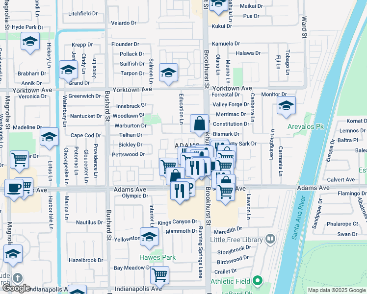 map of restaurants, bars, coffee shops, grocery stores, and more near 19774 Cambridge Lane in Huntington Beach