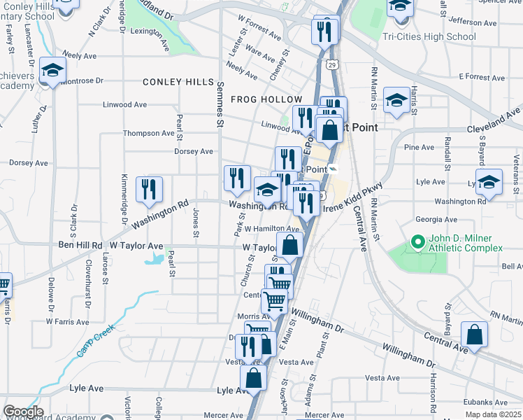 map of restaurants, bars, coffee shops, grocery stores, and more near 1720 Washington Road in East Point