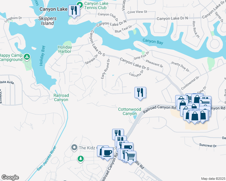 map of restaurants, bars, coffee shops, grocery stores, and more near 30718 Early Round Drive in Canyon Lake