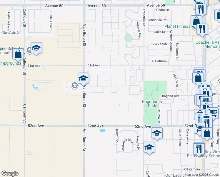map of restaurants, bars, coffee shops, grocery stores, and more near 84221 Capitola Avenue in Coachella