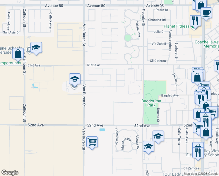map of restaurants, bars, coffee shops, grocery stores, and more near 84221 Capitola Avenue in Coachella