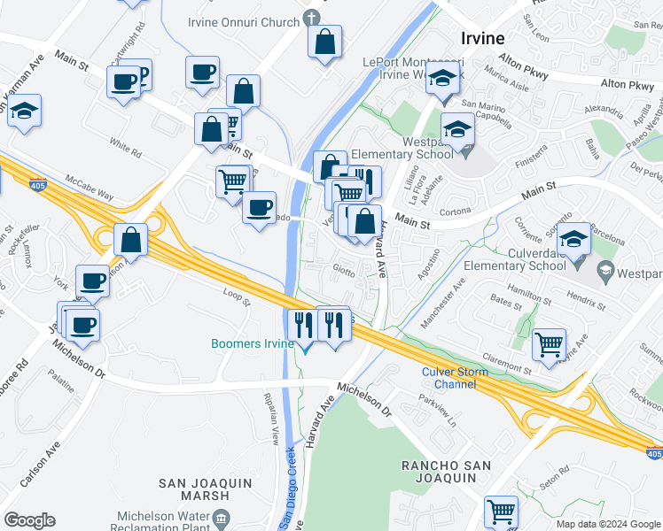 map of restaurants, bars, coffee shops, grocery stores, and more near 378 Giotto in Irvine