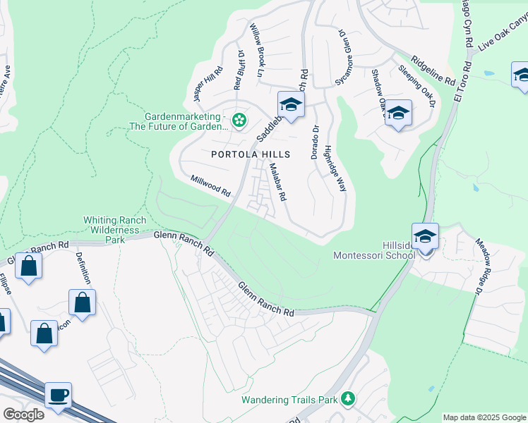 map of restaurants, bars, coffee shops, grocery stores, and more near 28512 Sorano Cove in Trabuco Canyon