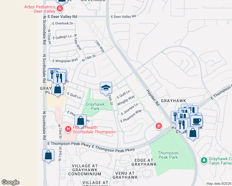 map of restaurants, bars, coffee shops, grocery stores, and more near 7673 East Quill Lane in Scottsdale