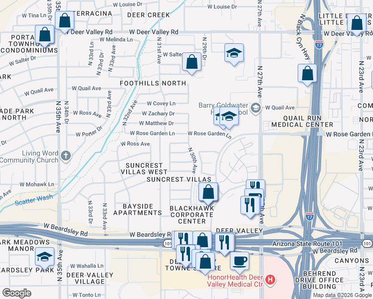 map of restaurants, bars, coffee shops, grocery stores, and more near 3001 West Monona Drive in Phoenix
