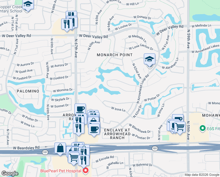 map of restaurants, bars, coffee shops, grocery stores, and more near 6309 West Monona Drive in Glendale