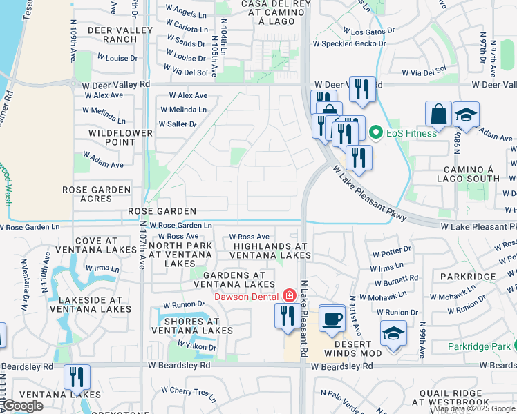 map of restaurants, bars, coffee shops, grocery stores, and more near 10268-10646 West Rose Garden Lane in Peoria