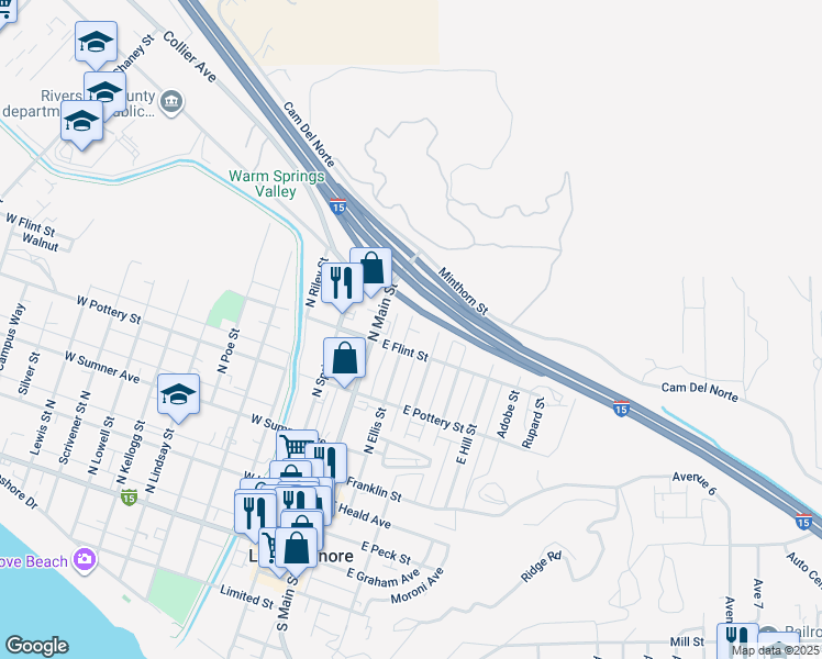map of restaurants, bars, coffee shops, grocery stores, and more near 501 North Ellis Street in Lake Elsinore