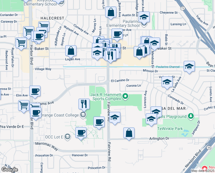 map of restaurants, bars, coffee shops, grocery stores, and more near 2850 Fairview Rd in Costa Mesa