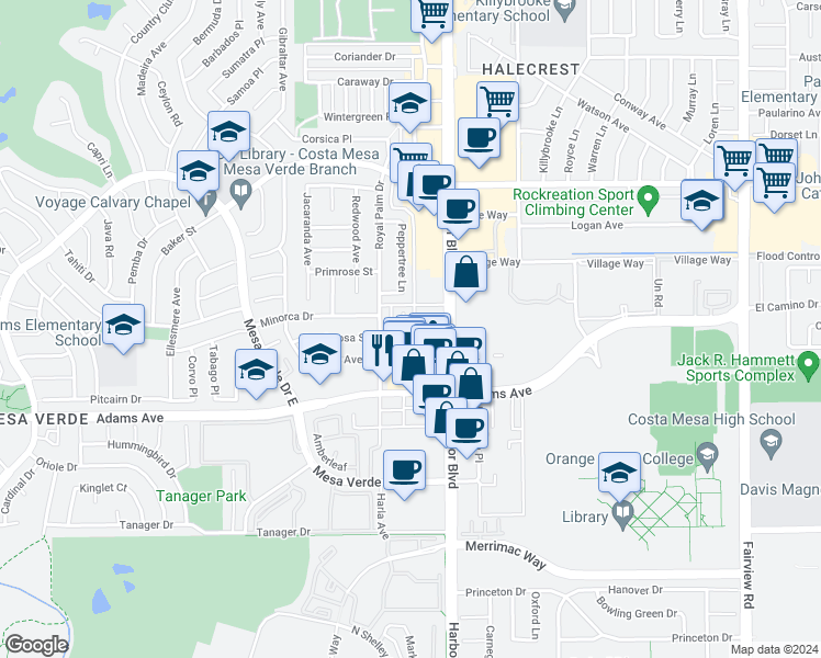 map of restaurants, bars, coffee shops, grocery stores, and more near 1537 Ponderosa Street in Costa Mesa