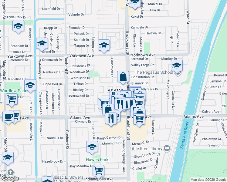 map of restaurants, bars, coffee shops, grocery stores, and more near 9889 Continental Drive in Huntington Beach
