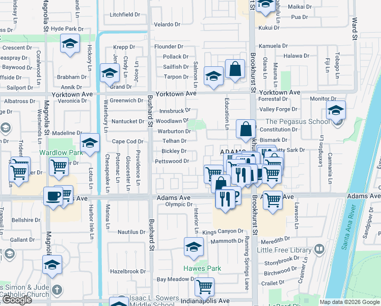 map of restaurants, bars, coffee shops, grocery stores, and more near 19794 Bromley Lane in Huntington Beach