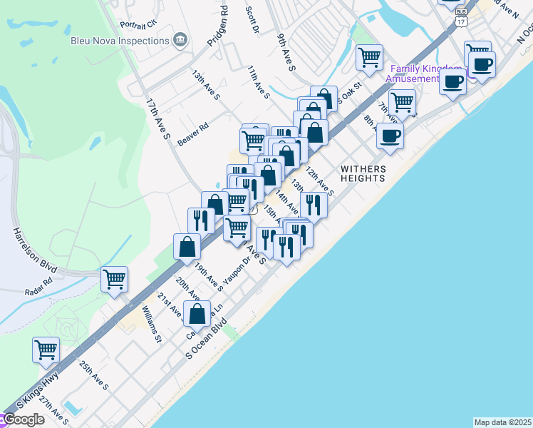 map of restaurants, bars, coffee shops, grocery stores, and more near 404G 16th Avenue South in Myrtle Beach