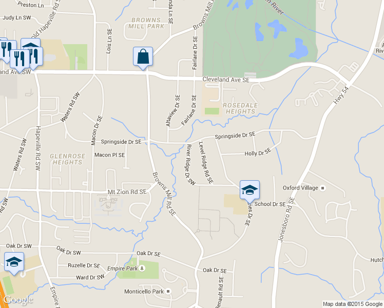 map of restaurants, bars, coffee shops, grocery stores, and more near 2909-2915 River Ridge Drive Southwest in Atlanta