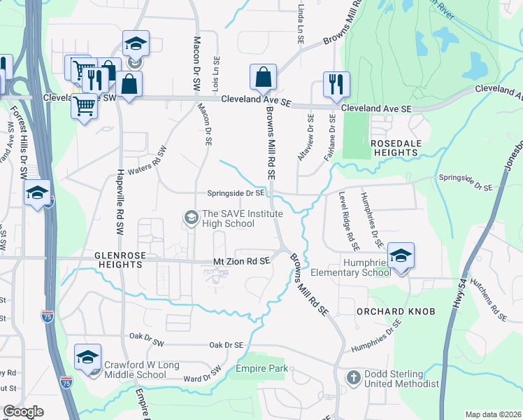 map of restaurants, bars, coffee shops, grocery stores, and more near 2924 Springside Place Southeast in Atlanta