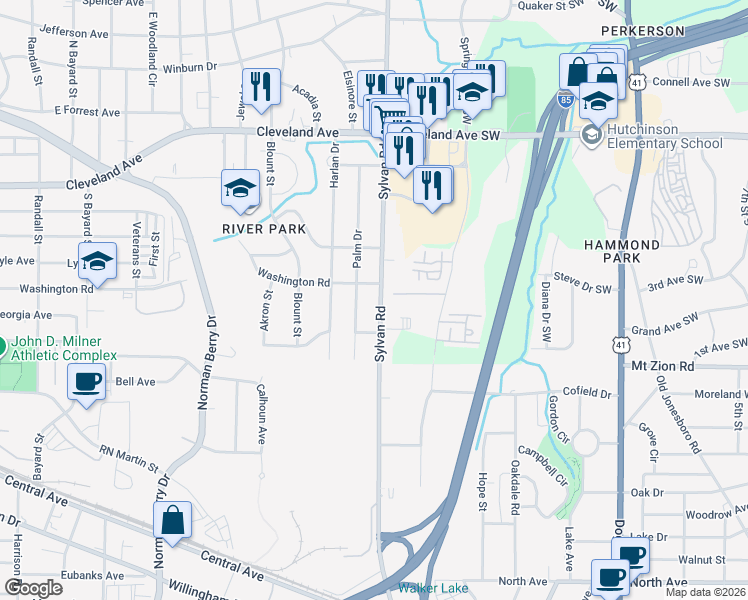 map of restaurants, bars, coffee shops, grocery stores, and more near 2936 Sylvan Road in East Point