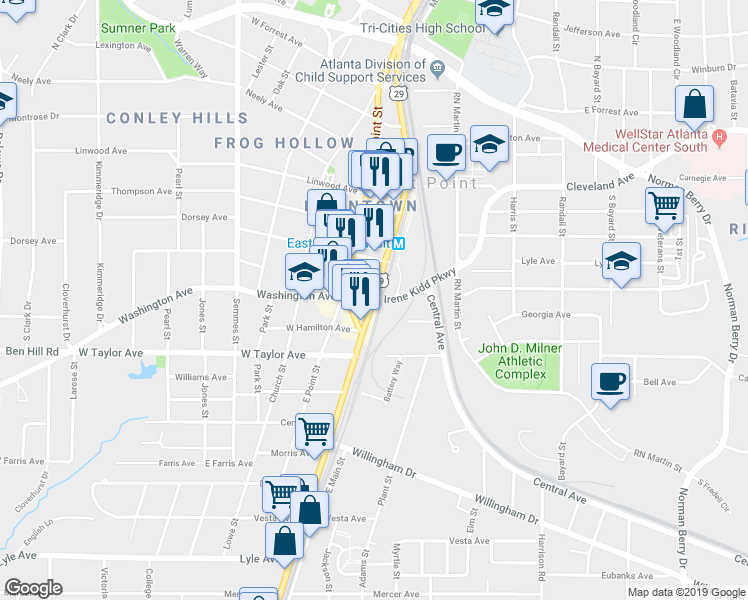 map of restaurants, bars, coffee shops, grocery stores, and more near 1567 East Hamilton Avenue in East Point