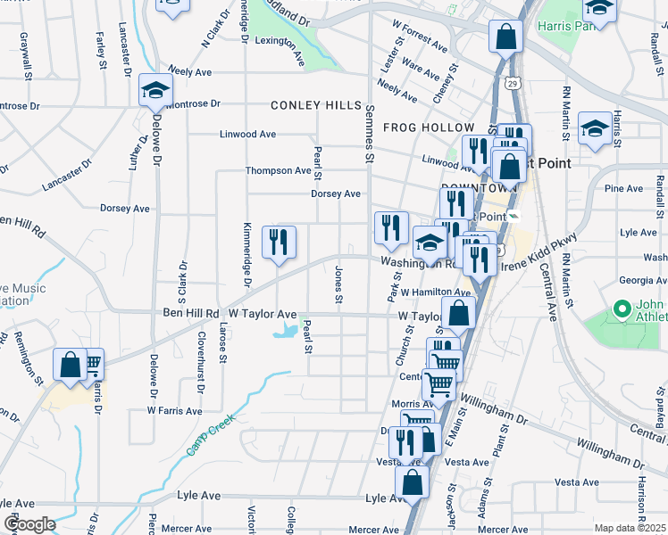 map of restaurants, bars, coffee shops, grocery stores, and more near 1852 Washington Road in Atlanta